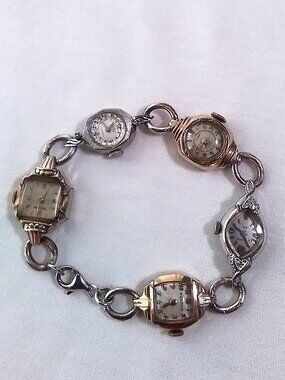VTG LADIES GOLD/SILVER WATCH HEADS CHARM BRACELET 8" UPCYCLED ALTERED ART